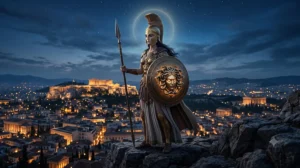 Афина с копьём и щитом стоит над ночными Афинами