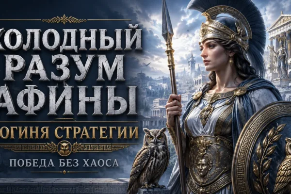 Афина с копьём, щитом и совой, текст: Холодный разум Афины