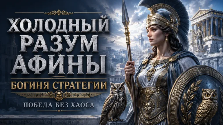 Афина с копьём, щитом и совой, текст: Холодный разум Афины