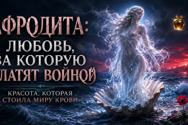 Афродита выходит из раковины на фоне моря, текст: любовь, за которую платят войной