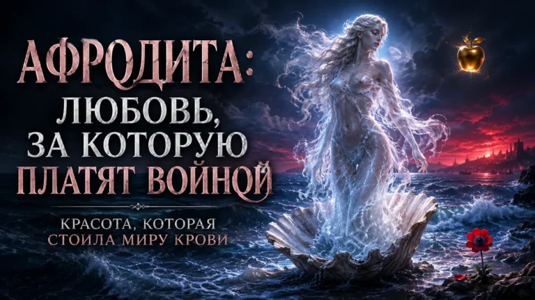 Афродита выходит из раковины на фоне моря, текст: любовь, за которую платят войной