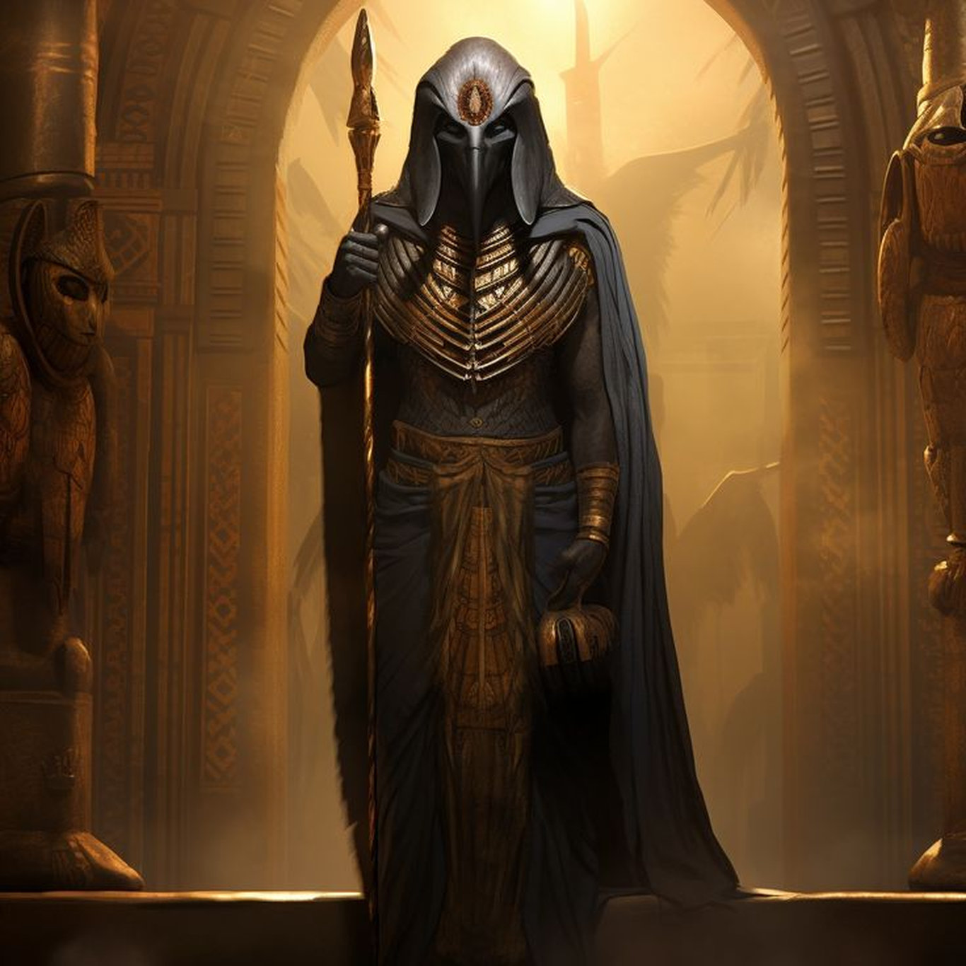 Амон Ра в темном облике жреца в древнеегипетском храме с посохом и символами власти