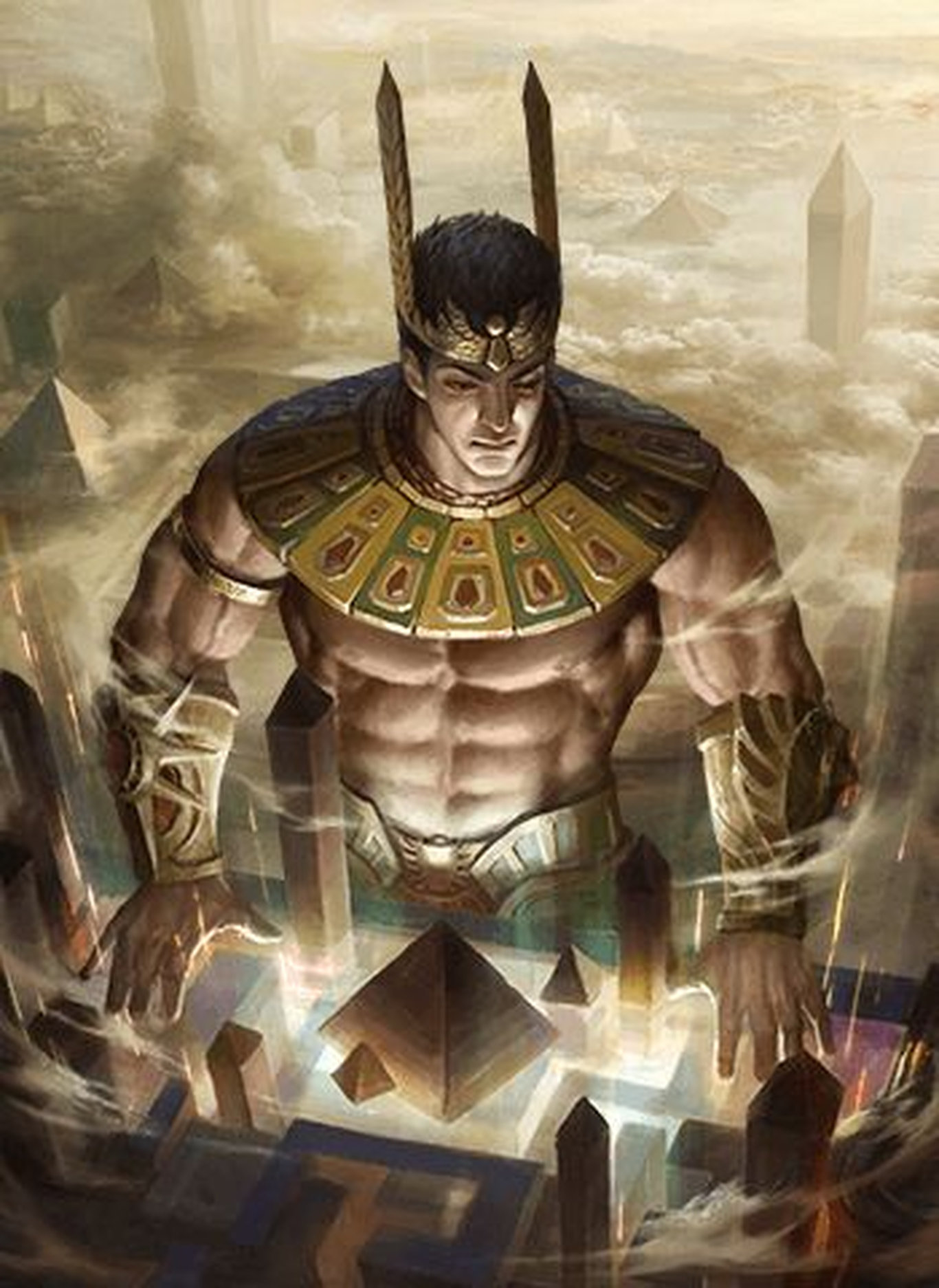 Амон Ра возвышается над пирамидами Египта в сиянии солнечного диска