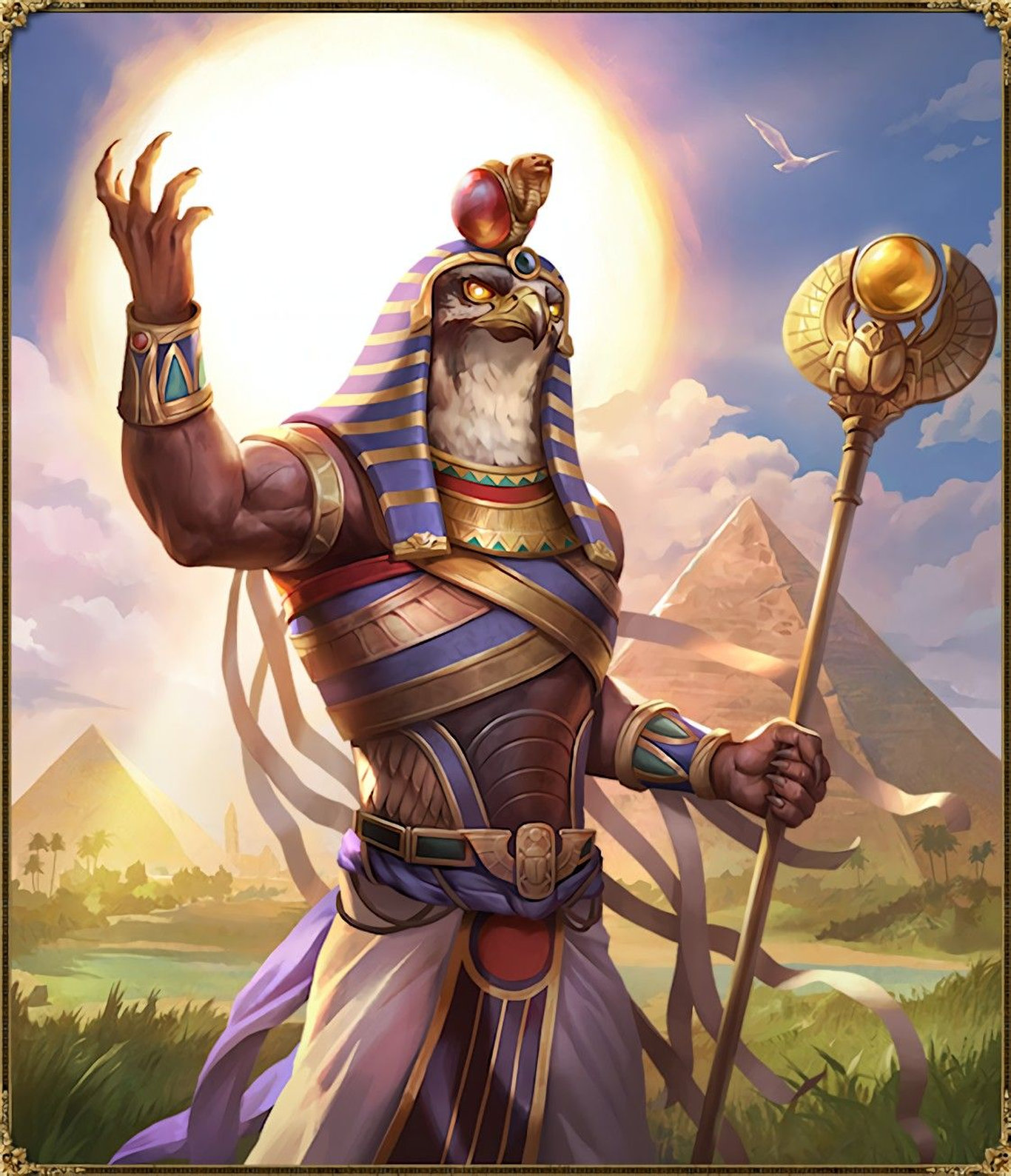 Амон Ра с головой сокола и посохом на фоне солнца и древнего Египта