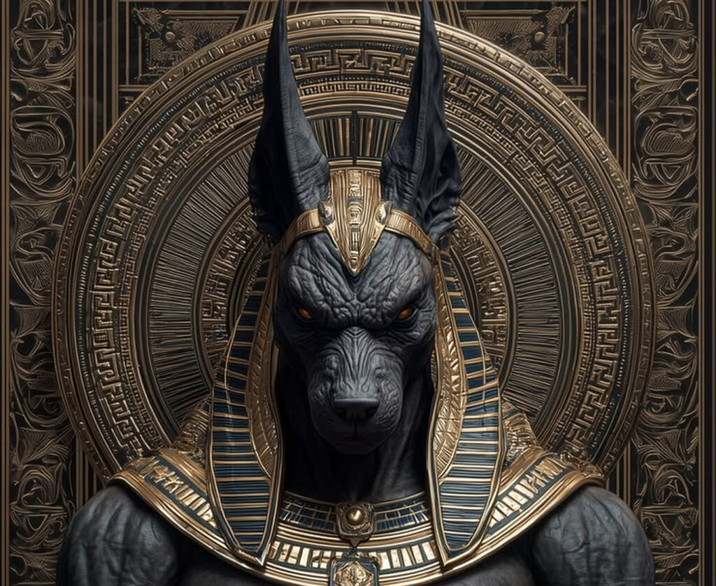 Могущественный бог Анубис в тёмном царственном образе со скрещёнными руками