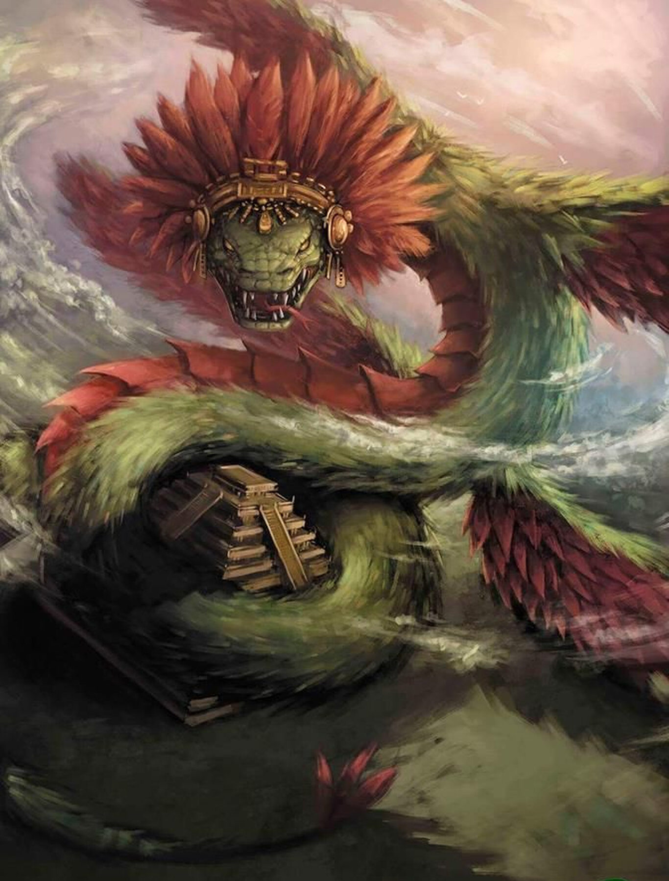 Апофис в образе мифического змея с перьями разрушает храм среди бури