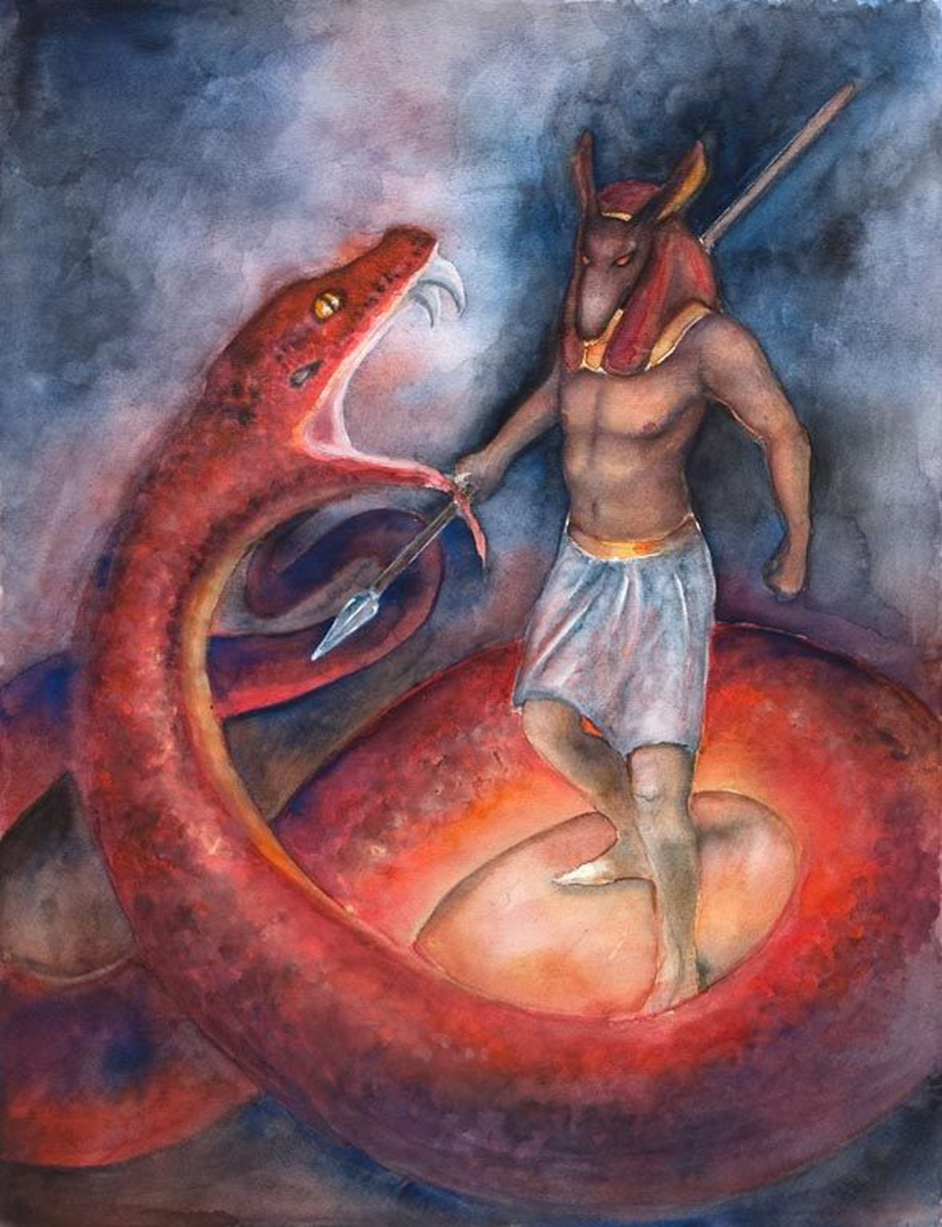 египетский бог с головой шакала сражается с красным змеем Апофисом