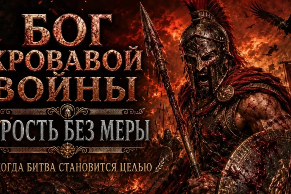 Арес с копьём на огненном фоне, текст: Бог кровавой войны, ярость без меры
