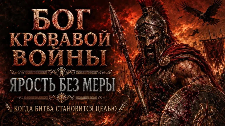 Арес с копьём на огненном фоне, текст: Бог кровавой войны, ярость без меры