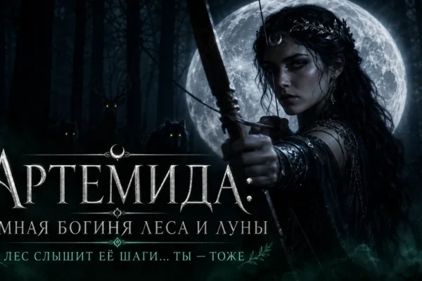 Артемида целится из лука на фоне полной луны, текст: Артемида