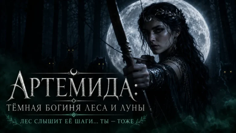 Артемида целится из лука на фоне полной луны, текст: Артемида