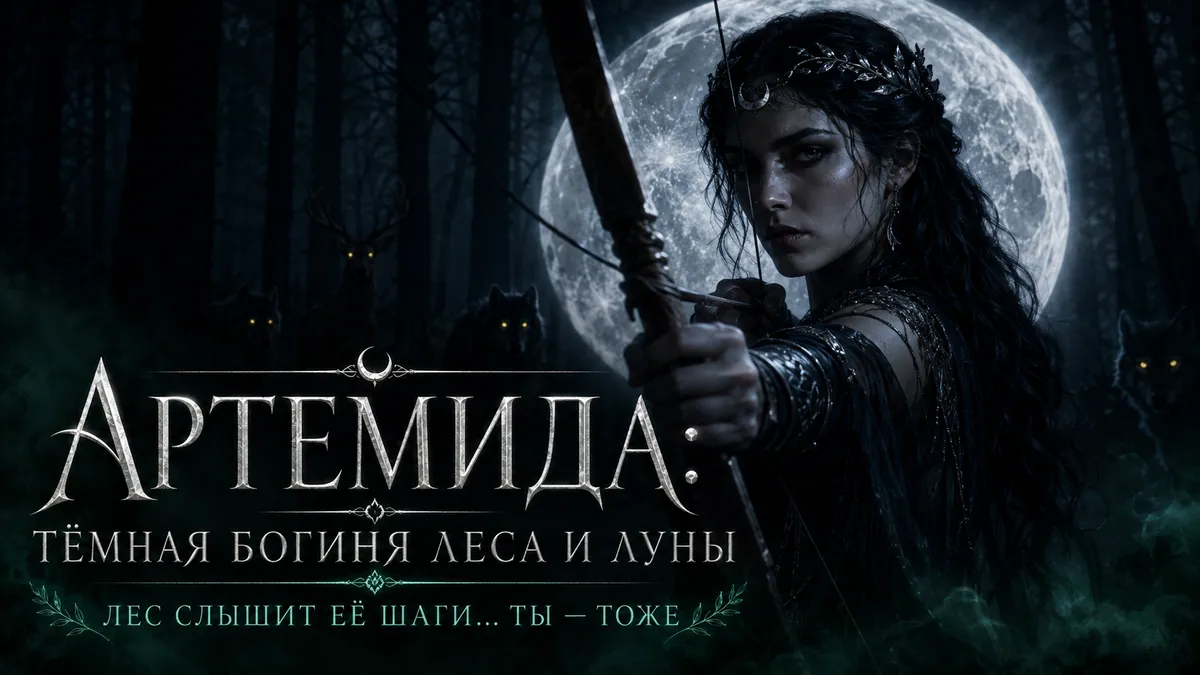 Артемида целится из лука на фоне полной луны, текст: Артемида