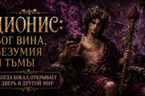 Дионис с чашей вина и тирсом, текст: бог вина, безумия и тьмы