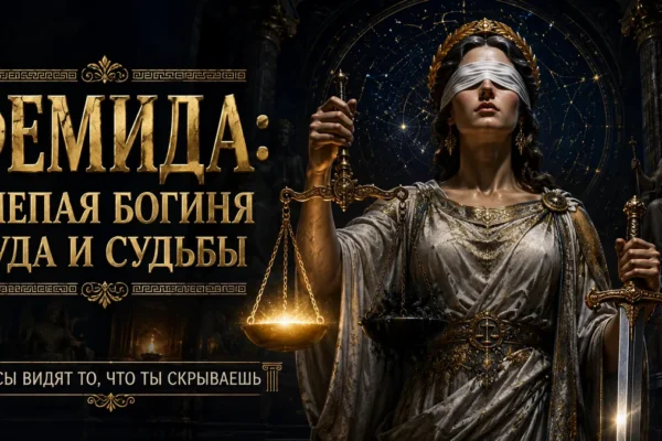 Фемида с завязанными глазами держит меч и весы, текст: слепая богиня суда и судьбы