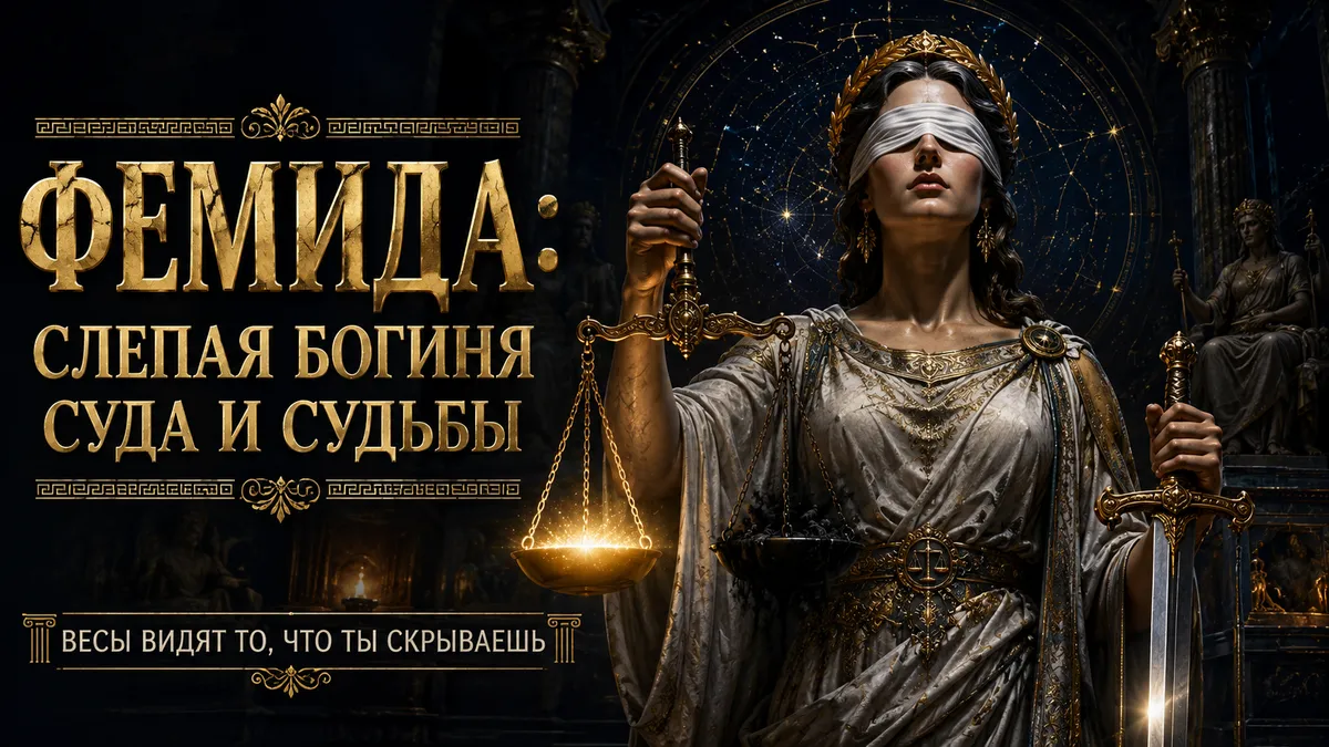Фемида с завязанными глазами держит меч и весы, текст: слепая богиня суда и судьбы