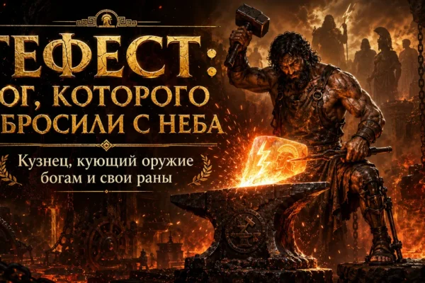 Гефест куёт раскалённое оружие, текст: бог, которого сбросили с неба