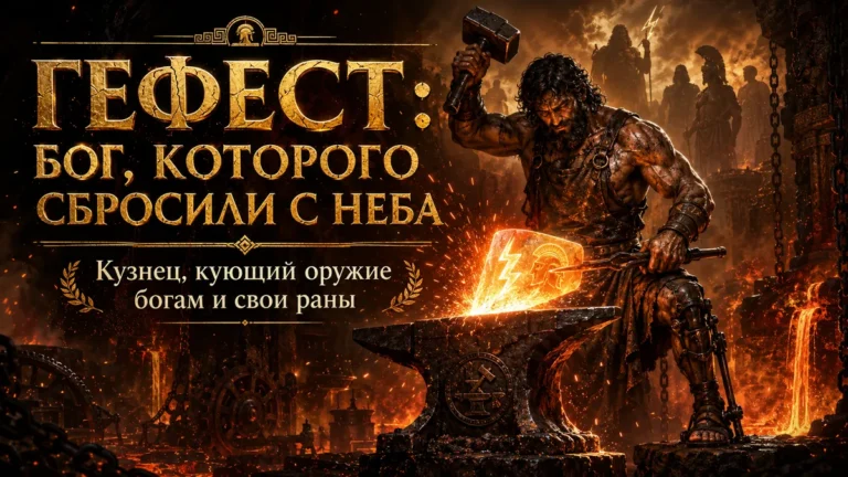 Гефест куёт раскалённое оружие, текст: бог, которого сбросили с неба