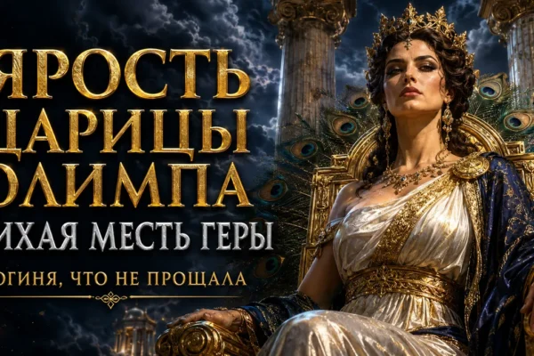 Гера на золотом троне с павлином, грозовыми облаками и надписью Ярость царицы Олимпа