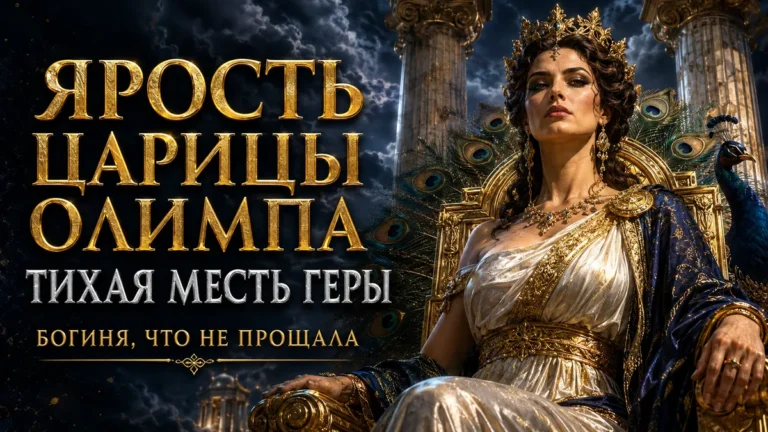 Гера на золотом троне с павлином, грозовыми облаками и надписью Ярость царицы Олимпа