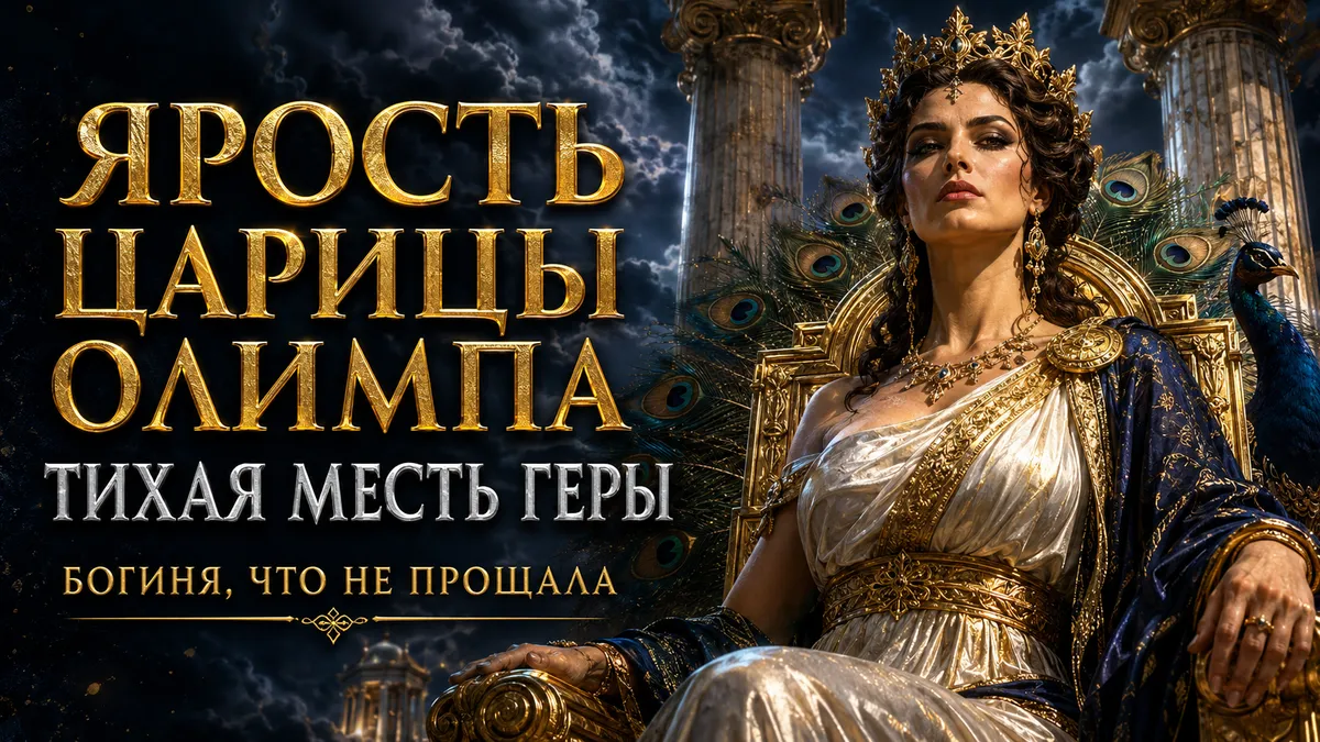 Гера на золотом троне с павлином, грозовыми облаками и надписью Ярость царицы Олимпа