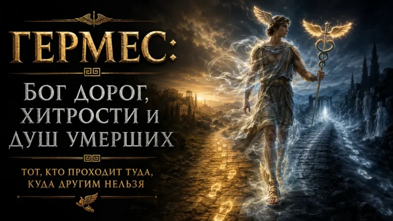 Гермес с кадуцеем идёт по дороге между светом и тьмой, текст: бог дорог, хитрости и душ умерших