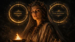 Гестия у священного огня с надписями первая и последняя на тёмном золотом фоне