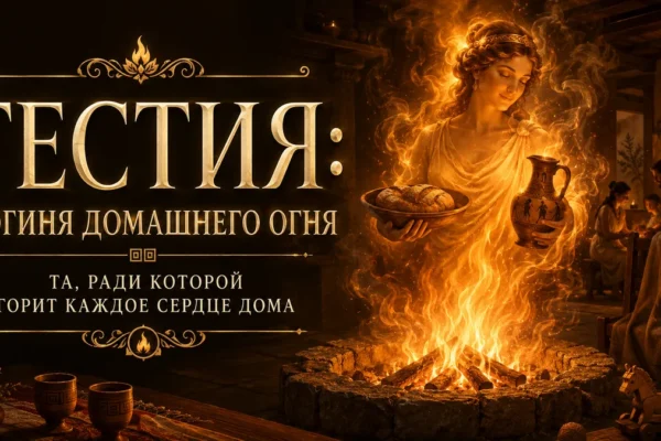 Гестия в пламени домашнего очага с хлебом и кувшином на фоне древнего дома