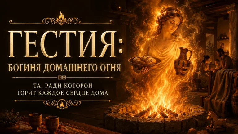 Гестия в пламени домашнего очага с хлебом и кувшином на фоне древнего дома