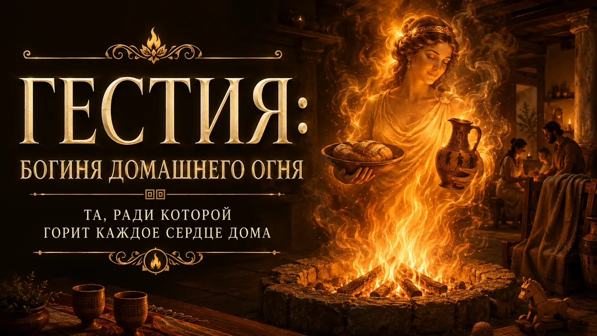 Гестия в пламени домашнего очага с хлебом и кувшином на фоне древнего дома