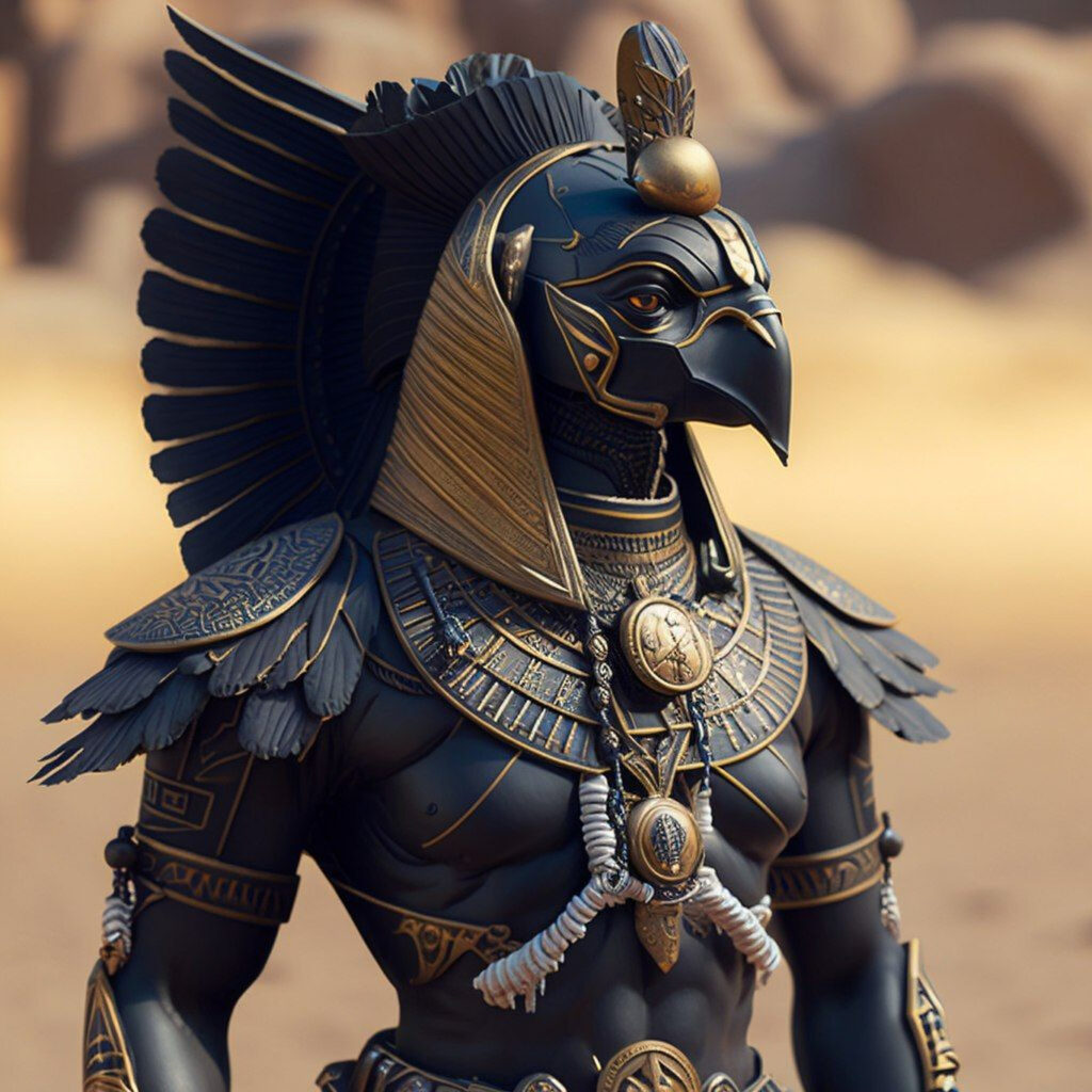 Гор в египетской мифологии в облике бога с головой сокола и тёмным царским убором