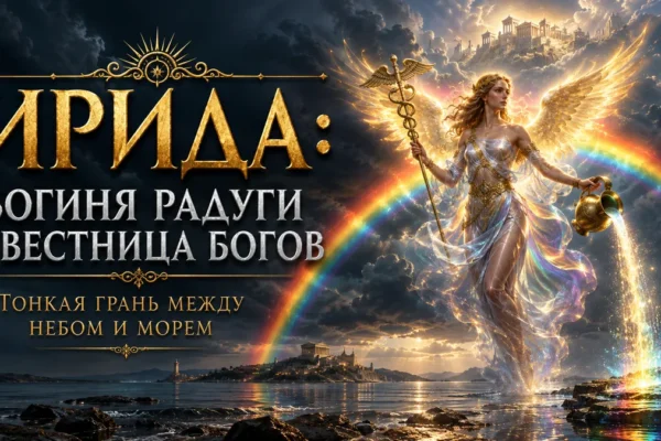 Ирида с крыльями, жезлом и кувшином на фоне радуги, текст: богиня радуги и вестница богов