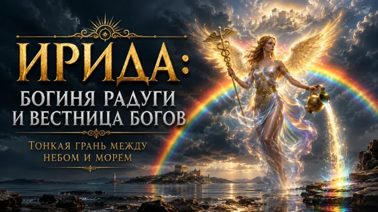 Ирида с крыльями, жезлом и кувшином на фоне радуги, текст: богиня радуги и вестница богов
