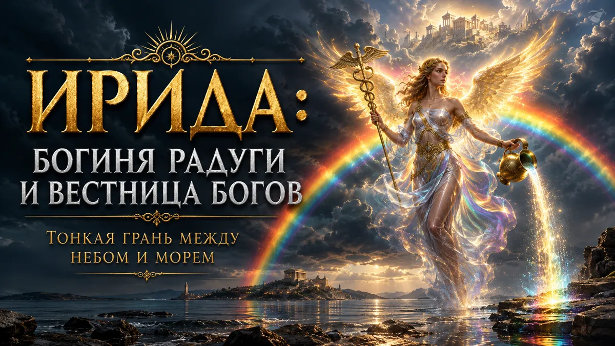 Ирида с крыльями, жезлом и кувшином на фоне радуги, текст: богиня радуги и вестница богов