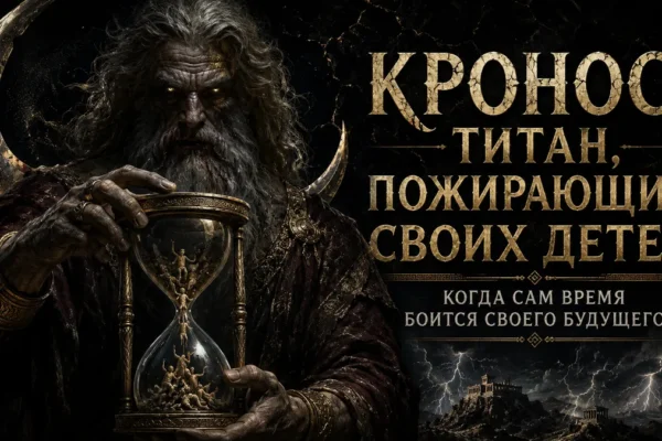 Кронос с серпом и песочными часами, текст: титан, пожирающий своих детей