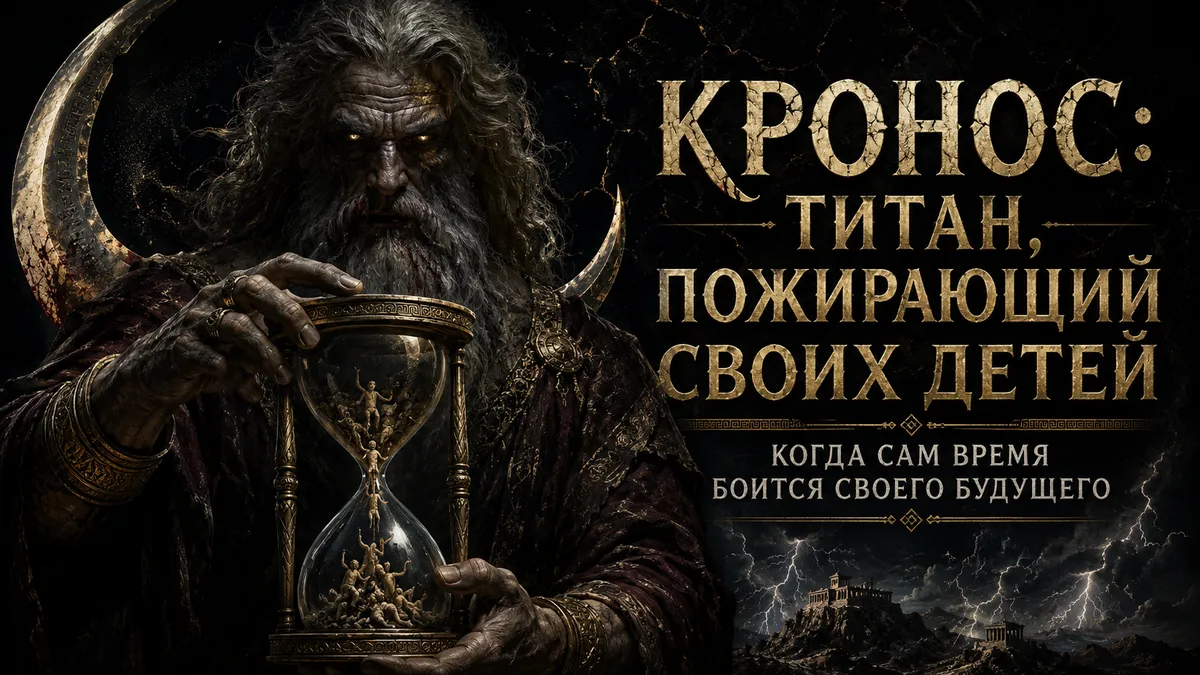 Кронос с серпом и песочными часами, текст: титан, пожирающий своих детей