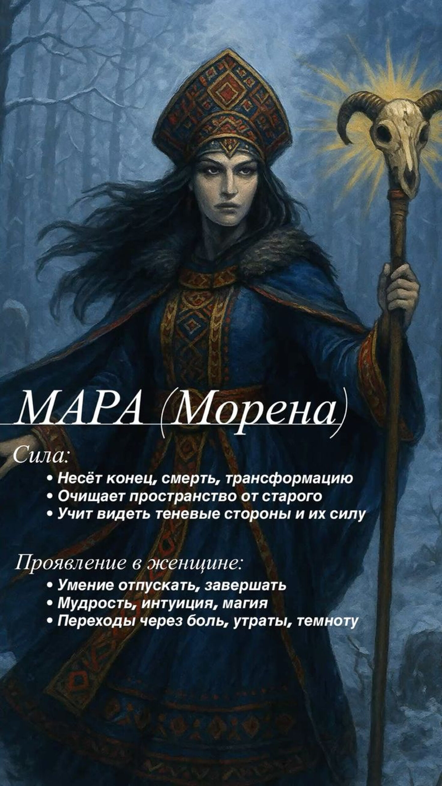 Мара Морена славянская богиня смерти с посохом и черепом в зимнем лесу