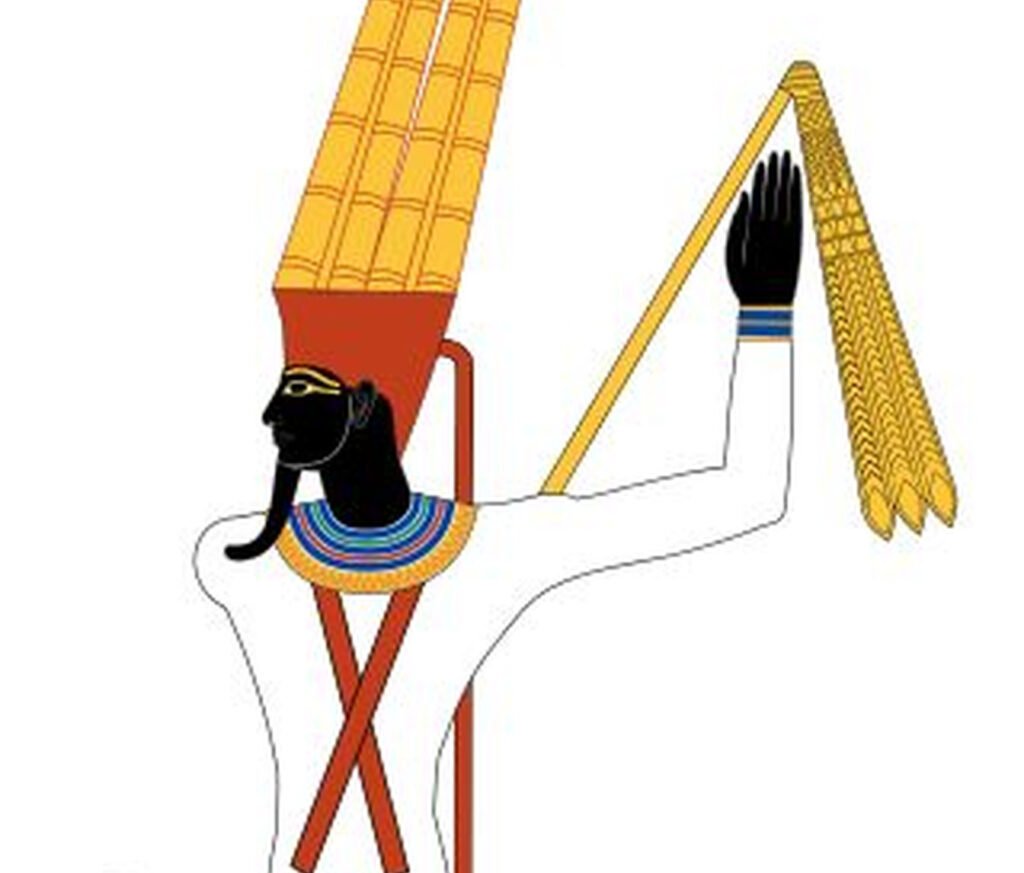 Бог Мин в каноническом египетском изображении с двойным перьевым убором и поднятой рукой