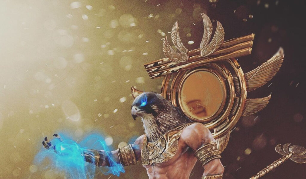 Монту в фантазийном образе сокологолового бога с жезлом