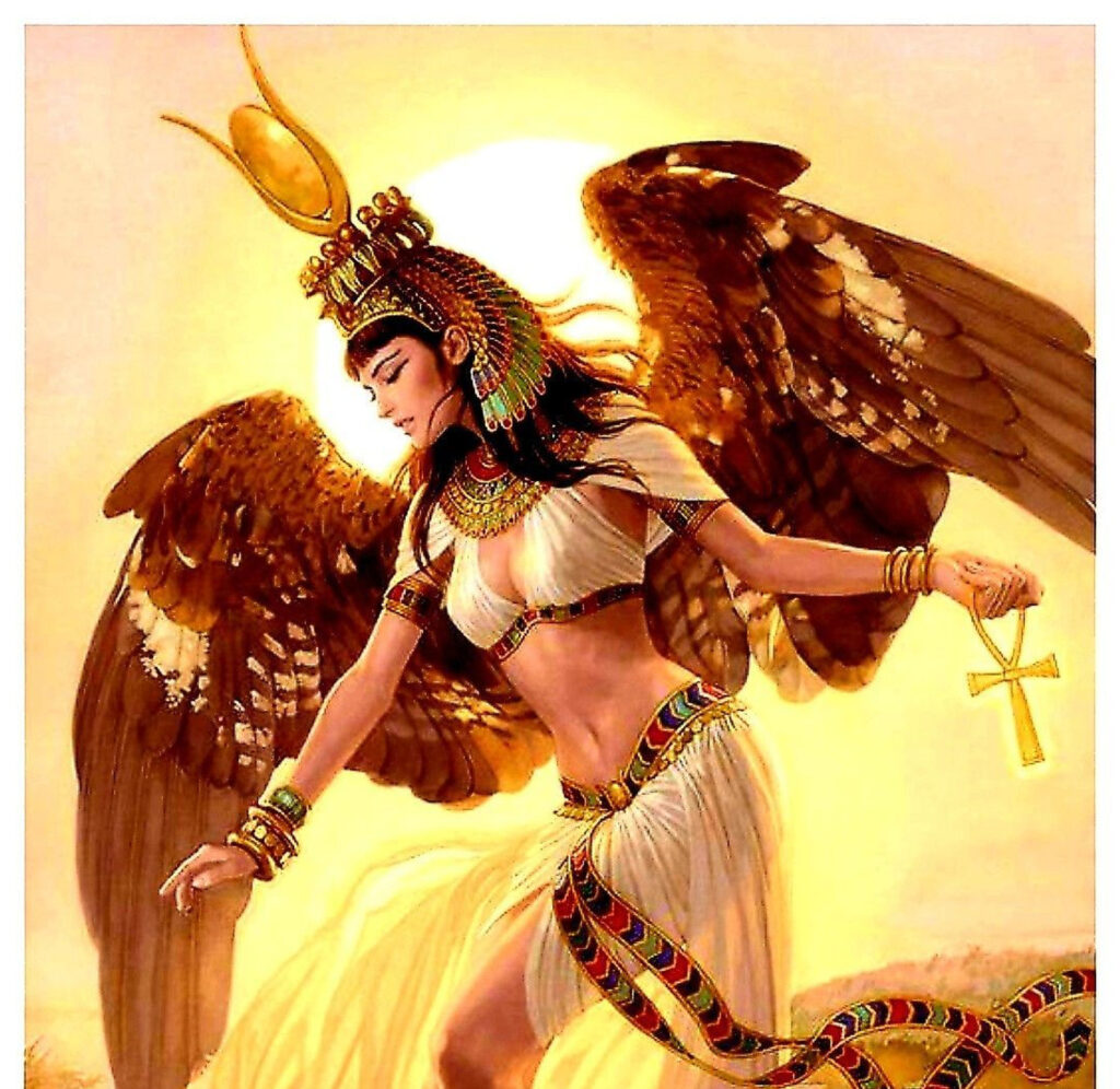 Крылатая богиня Нефтида с анхом в руках в сияющем египетском образе