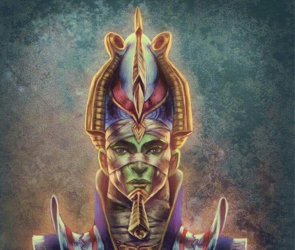 Осирис египетский бог загробного мира в стилизованном мистическом портрете с короной и символами власти