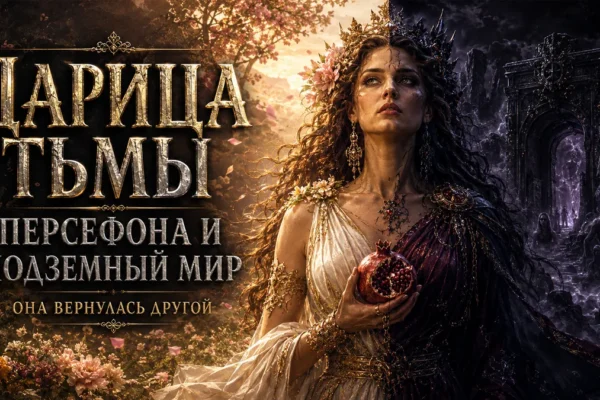 Персефона с гранатом между цветущим садом и тёмными вратами подземного мира