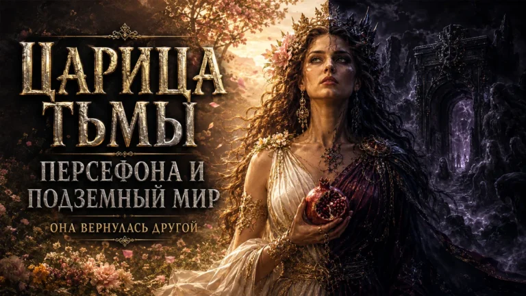 Персефона с гранатом между цветущим садом и тёмными вратами подземного мира