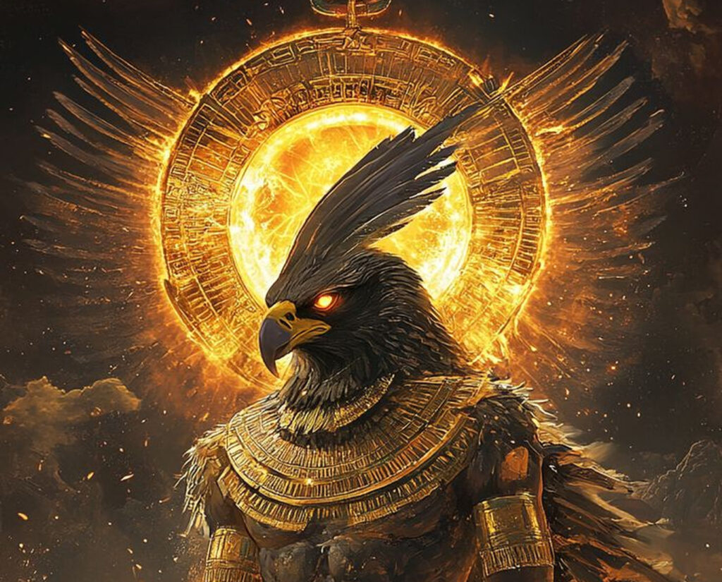 Могущественный бог Ра в огненном образе на фоне сияющего солнечного диска