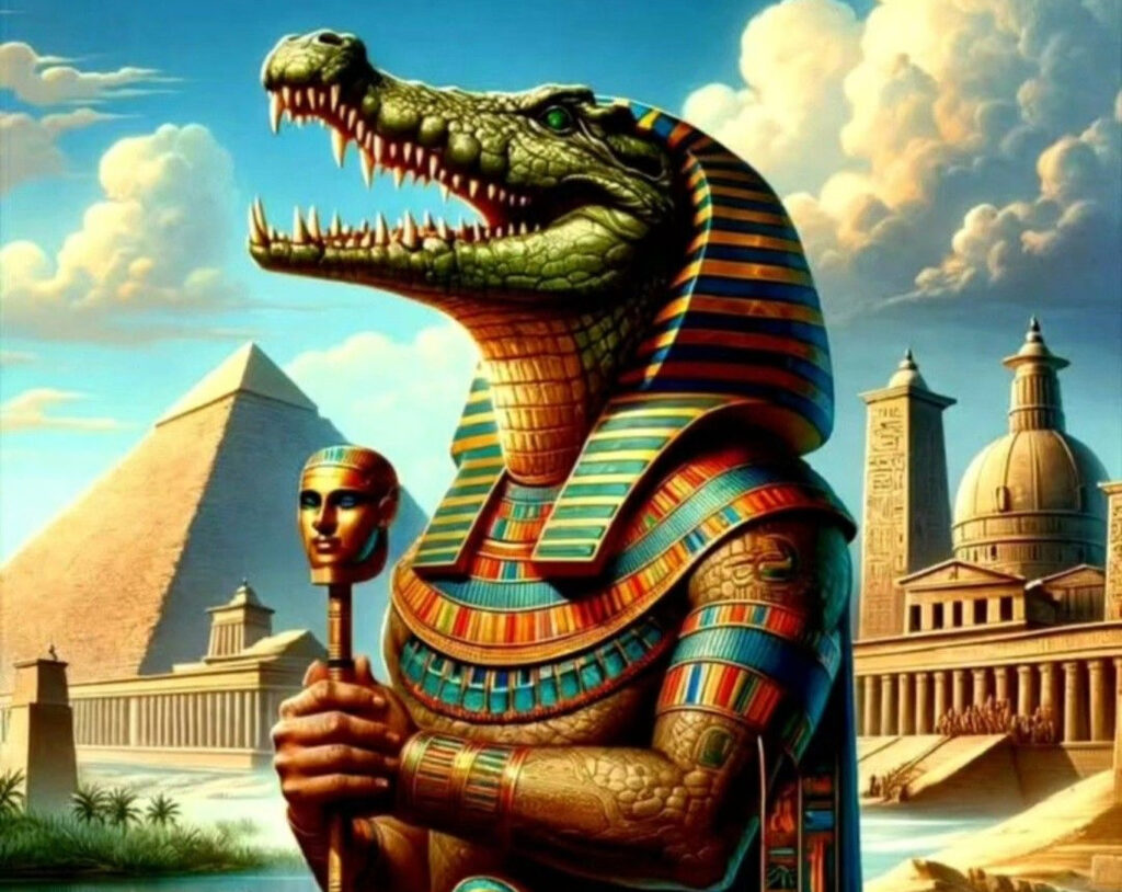 Себек с головой крокодила и жезлом на фоне пирамид, воды и древнего города