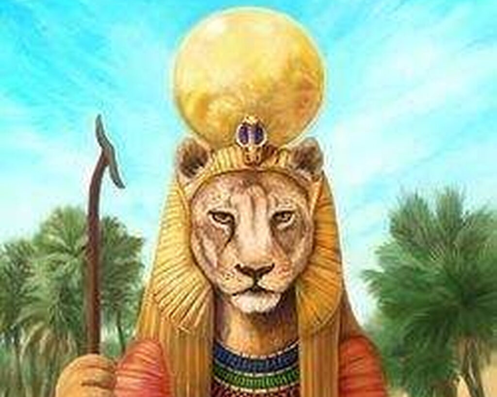 Богиня Сехмет с головой львицы на троне у воды в древнеегипетском стиле