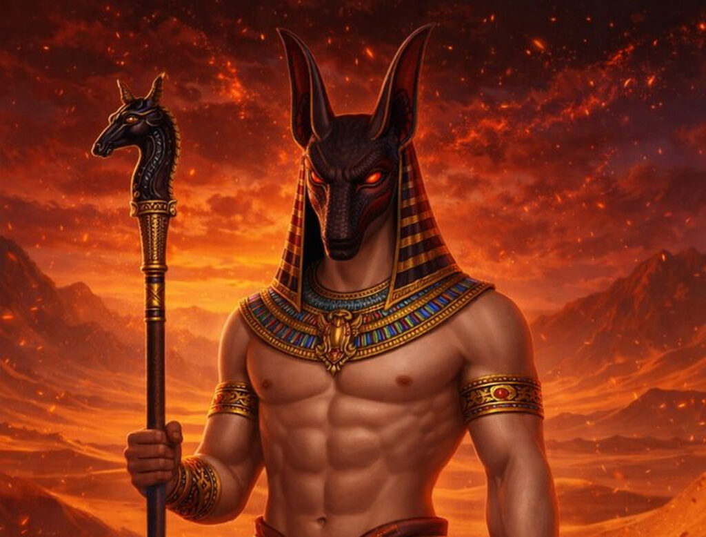 Бог Сет с посохом и анхом на фоне огненной пустыни