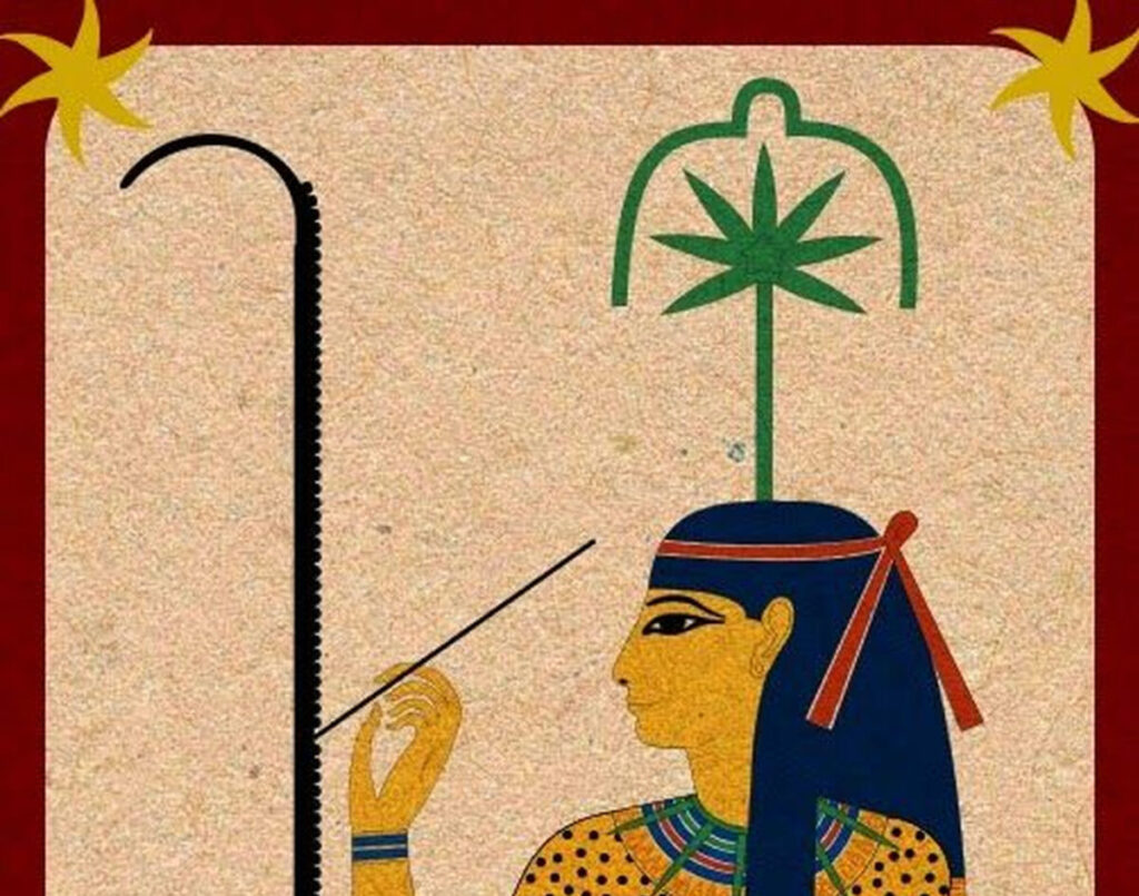 Каноническое изображение богини Сешат с пальмовым жезлом и эмблемой над головой