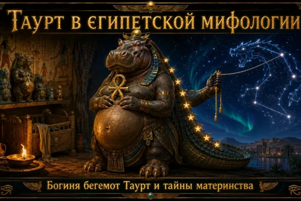 Обложка с богиней Таурт в образе беременной богини-бегемота на фоне звёздного неба и детской комнаты