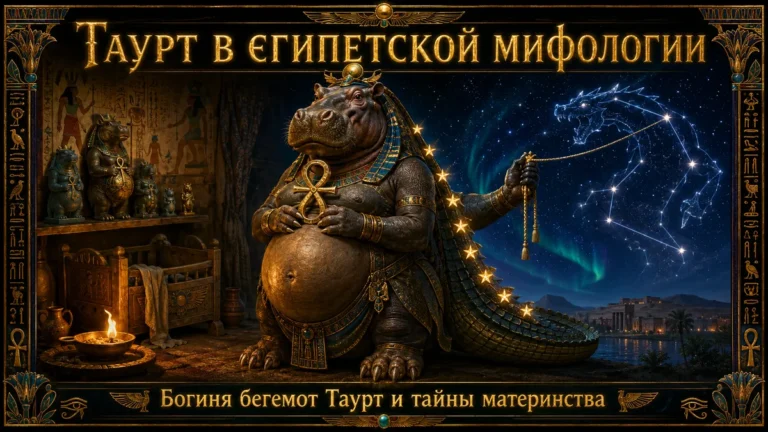 Обложка с богиней Таурт в образе беременной богини-бегемота на фоне звёздного неба и детской комнаты
