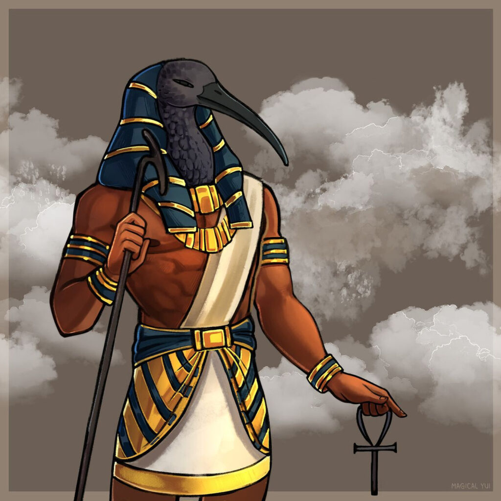 Бог Тот с головой ибиса, посохом и символом анх на фоне облаков